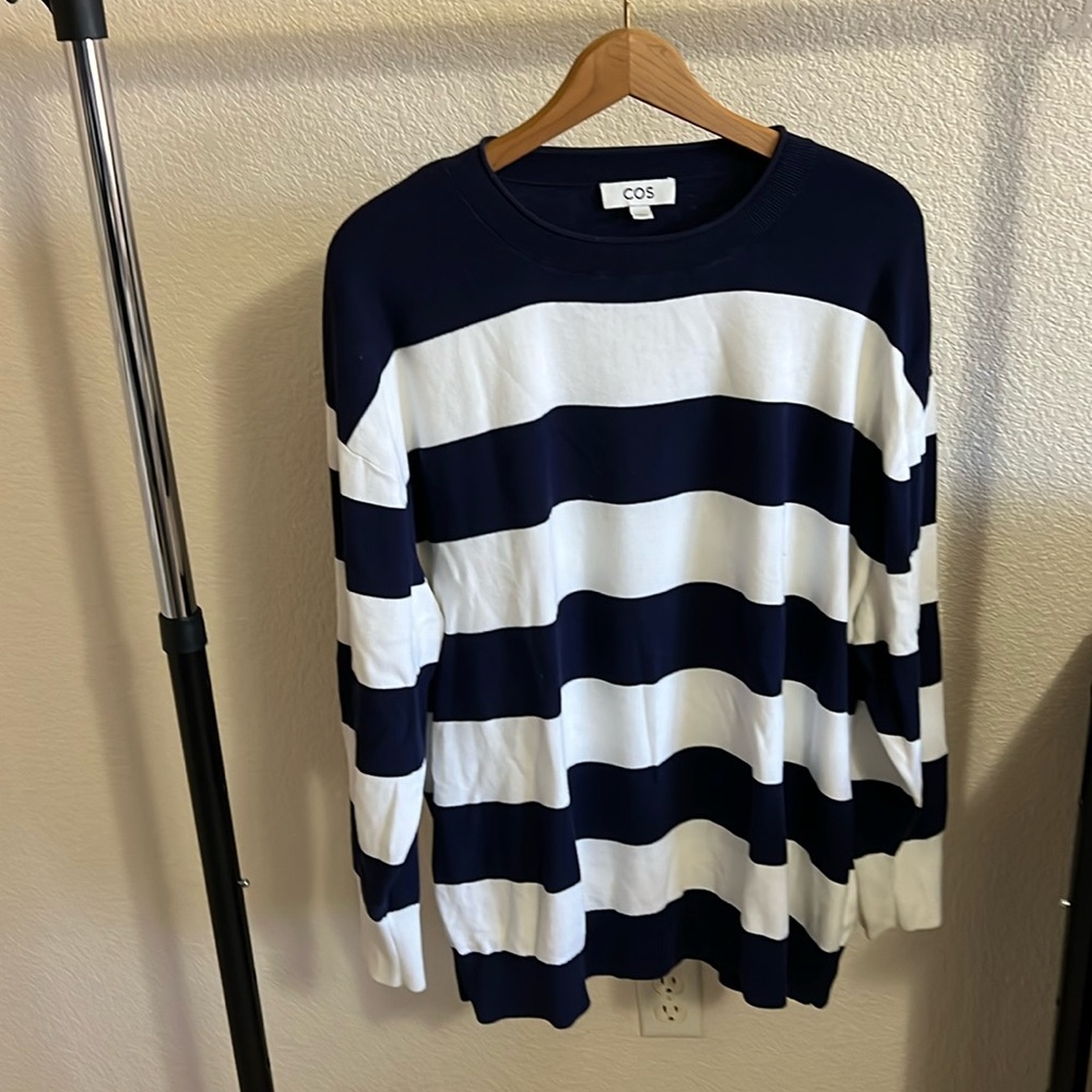 COS Women's Oversized Navy Blue & White Stripe Cotton Knit Jumper Sweater Size M